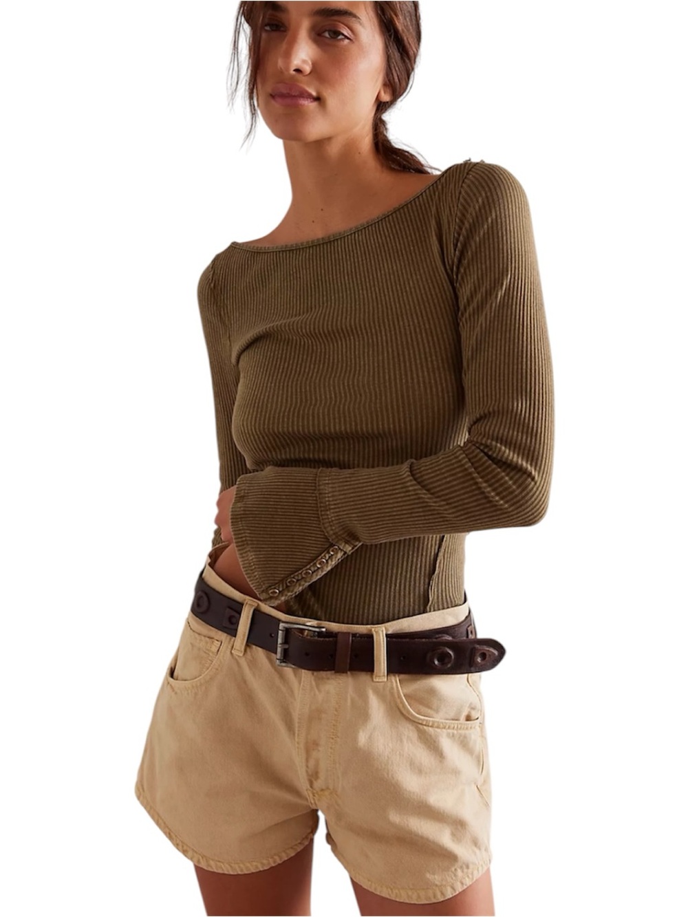 We The Free Soul Sister Layering Olive Ribbed Boatneck Long-Sleeve Top